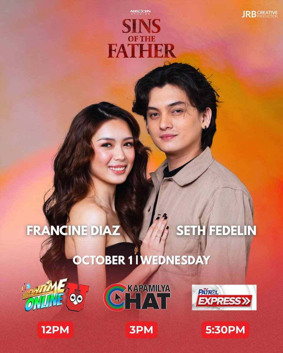 SETHstersOFC's tweet photo. ✨ Let’s kick off the month with #FrancineDiaz and #SethFedelin! ✨ Catch them later, October 1, on these shows and programs: 🚀
📺 Showtime Online U – 12NN
💻 Kapamilya Chat – 3PM
📰 TV Patrol Express – 5:30PM
#TriggerOfTheFather
#SinsOfTheFather #FranSeth https://t.co/zFXQ48f53I
