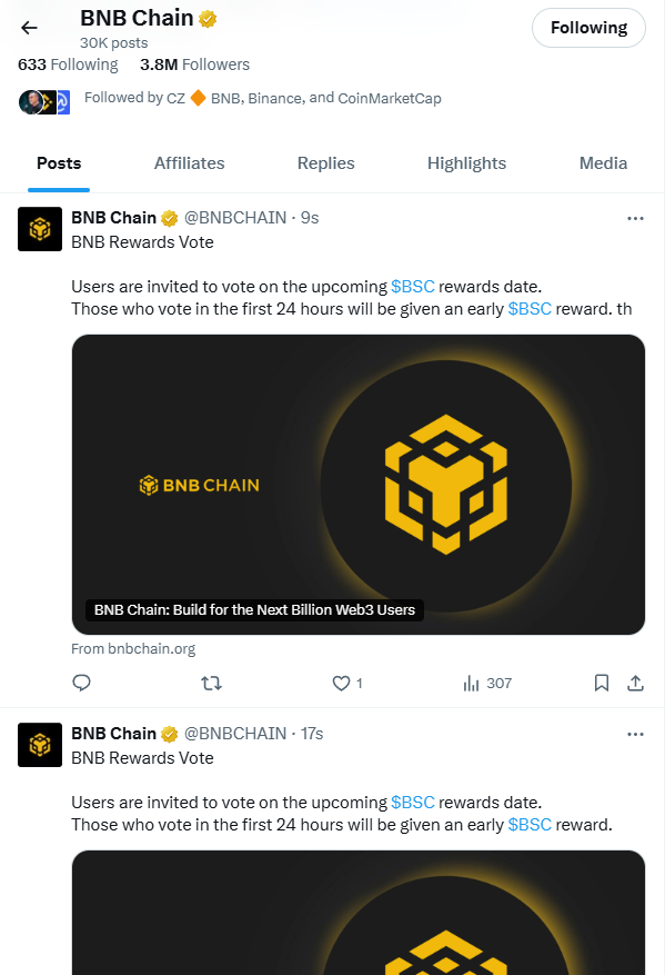 ChanceRoss15310's tweet photo. ⚠️ Security Alert: @BNBChain X account may be compromised. Do NOT click on any recent links. Stay cautious and wait for official updates. 🚨 https://t.co/igNUSUByXo