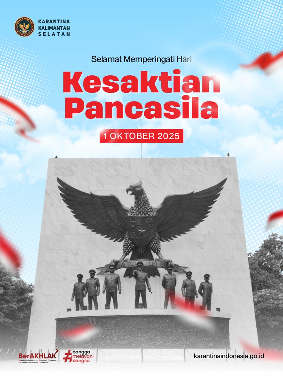 karantinakalsel's tweet photo. Pancasila Perekat Bangsa Menuju Indonesia Raya.

Mari terus menjaga persatuan dan semangat kebangsaan 🇮🇩✨

#BadanKarantinaIndonesia #BarantinRI #BersatuBerdaulat #RakyatSejahtera #IndonesiaMaju #HariKesaktianPancasila #KarantinaKalimantanSelatan https://t.co/8PixcC8j2x