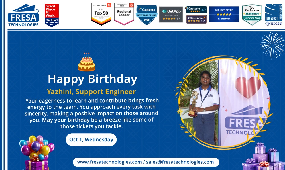 fresatechnology's tweet image. 🎊Happy Birthday Yazhini

🔗 Visit us: fresatechnologies.com

#FresaTechnologies #FreightForwarding #ERPforLogistics #SupplyChainTech #FresaGoldERP #SeamlessOperations #HappyBirthday #Birthday #CelebratingSucces #BirthdayWishes #CheersToSuccess #CelebrateGrowth #TeamSuccess