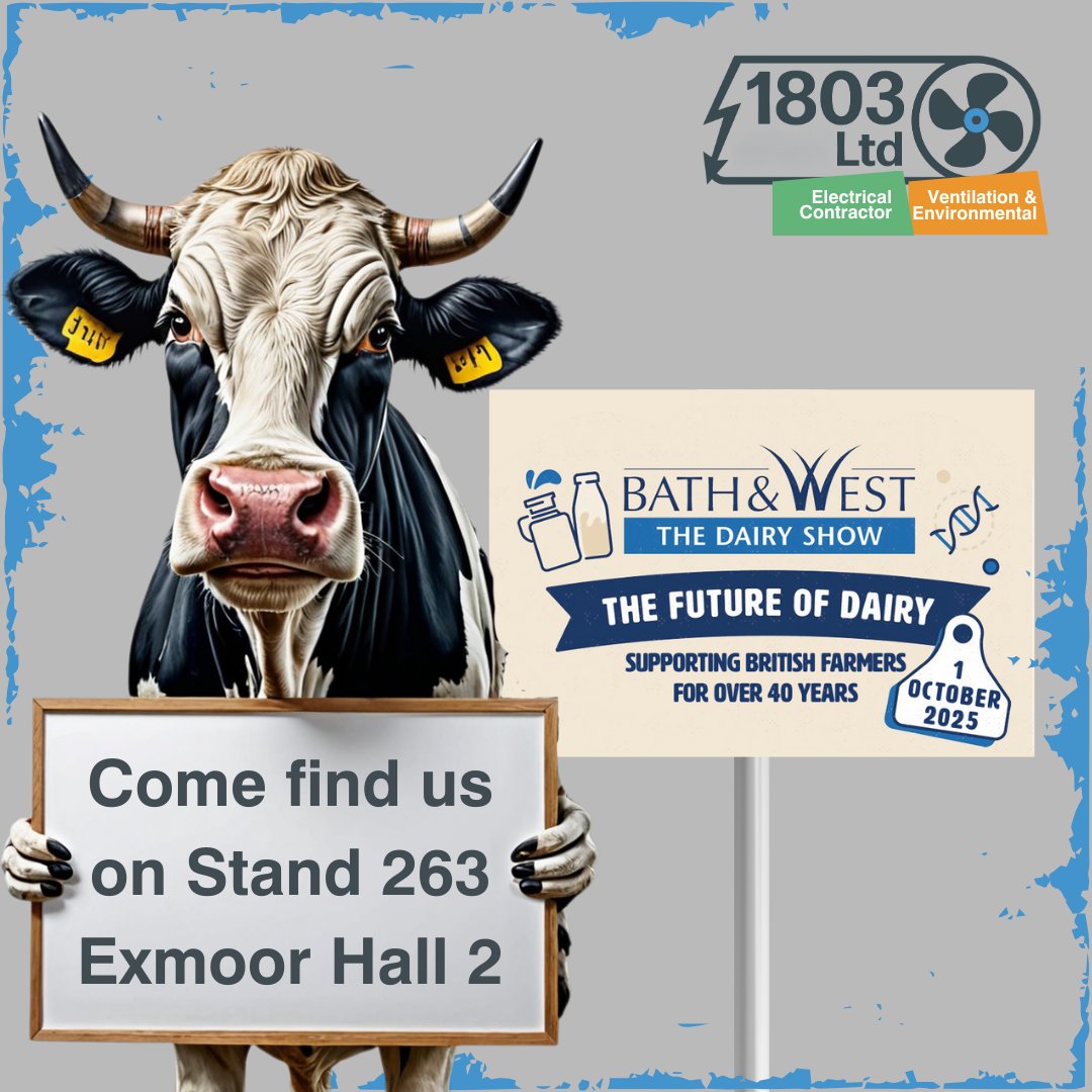 1803Ltd's tweet photo. We’re LIVE at The Dairy Show! 🤩

 📍Come find us on Stand 263 Exmoor Hall 2

Check in with us in person and don’t forget to enter our BIG GIVEAWAY…

 👋See you soon, Somerset!

https://t.co/Cddxee8Uen
#LED #electrical #ventilation #environmentcontrol #DairyShow25 https://t.co/Gpb4zvkWJU