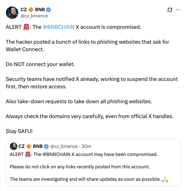 🔴COINTELGRAPH: 🚨 ALLERTA: Il conto X di BNB Chain è stato compromesso. Non cliccate su alcun link e non collegate il vostro wallet. Restate al sicuro!
