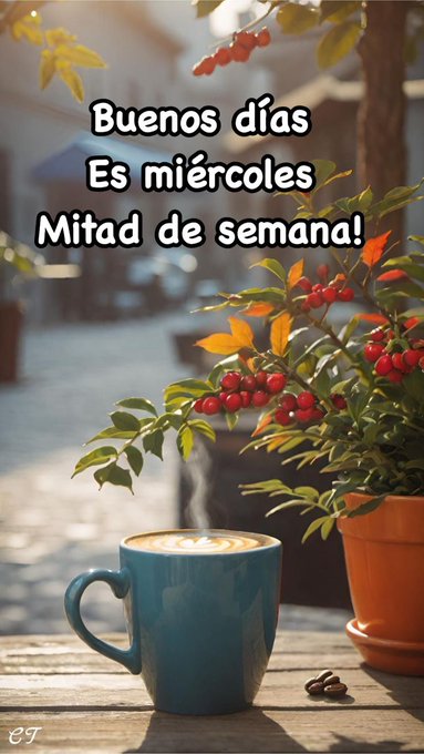 A blue ceramic mug filled with latte, steam rising, placed on a wooden table. Red berries and green leaves on a potted plant are visible beside the mug. A sunny outdoor setting with a blurred street and buildings in the background.