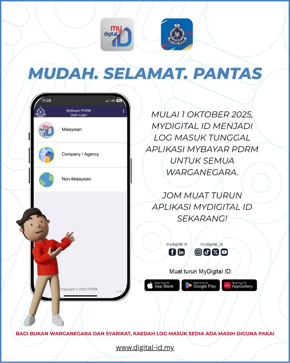 mydigital_ID's tweet photo. Mulai hari ini, MyDigital ID menjadi log masuk tunggal aplikasi MyBayar PDRM untuk semua warganegara.
Jom muat turun aplikasi MyDigital ID sekarang!
#MyDigitalID #MyBayarPDRM #DigitalMalaysia #MudahSelamatPantas #SingleSignOn https://t.co/EB597xt4rq