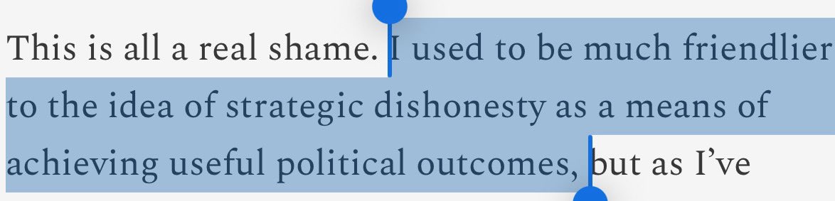 zarathustra5150's tweet image. He deleted the tweets, but Yglesias has endorsed “strategic dishonesty” many times before, sometimes in surprisingly direct terms.

He recently pretended to disown it, claiming he’s changed. But anyone who follows him knows that itself is just another act of strategic dishonesty.
