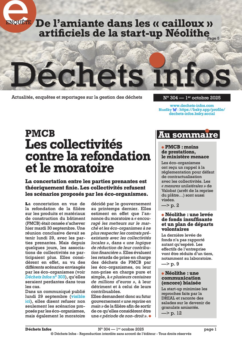 Déchets Infos n° 304 — 1er octobre 2025 —  De l'amiante dans les "cailloux" artificiels de Néolithe — PMCB : les pouvoirs publics menace, Valobat recule tinyurl.com/295hvgho
