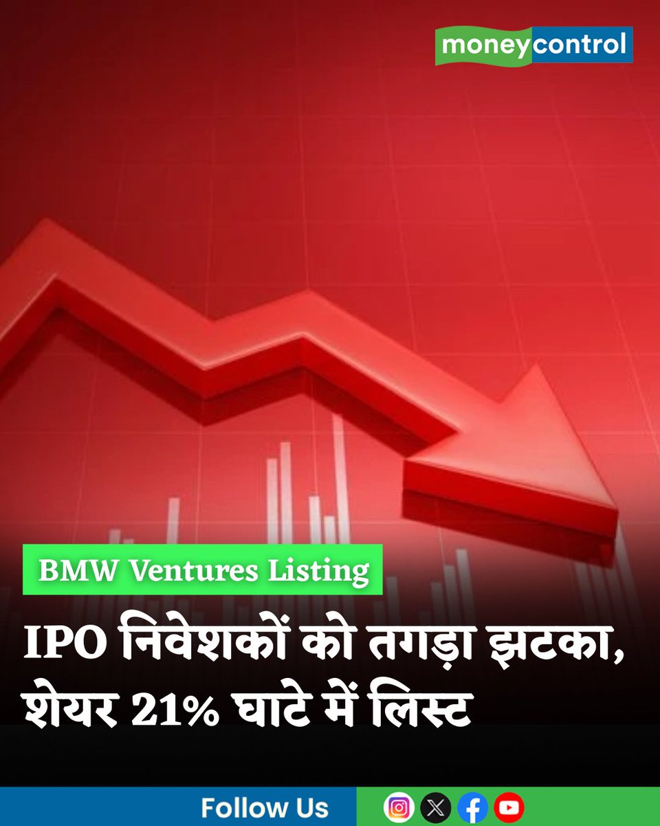 MoneycontrolH's tweet image. #MarketsWithMC | 1 अक्टूबर को BMW Ventures की शेयर बाजार में लिस्टिंग निराश करने वाली रही। शेयर 21 प्रतिशत डिस्काउंट के साथ लिस्ट हुआ है। जानिए शेयर की बाकी डिटेल...

hindi.moneycontrol.com/news/markets/b…

#BMWVentures #StockMarketIndia #sharemarketnews #moneycontrol