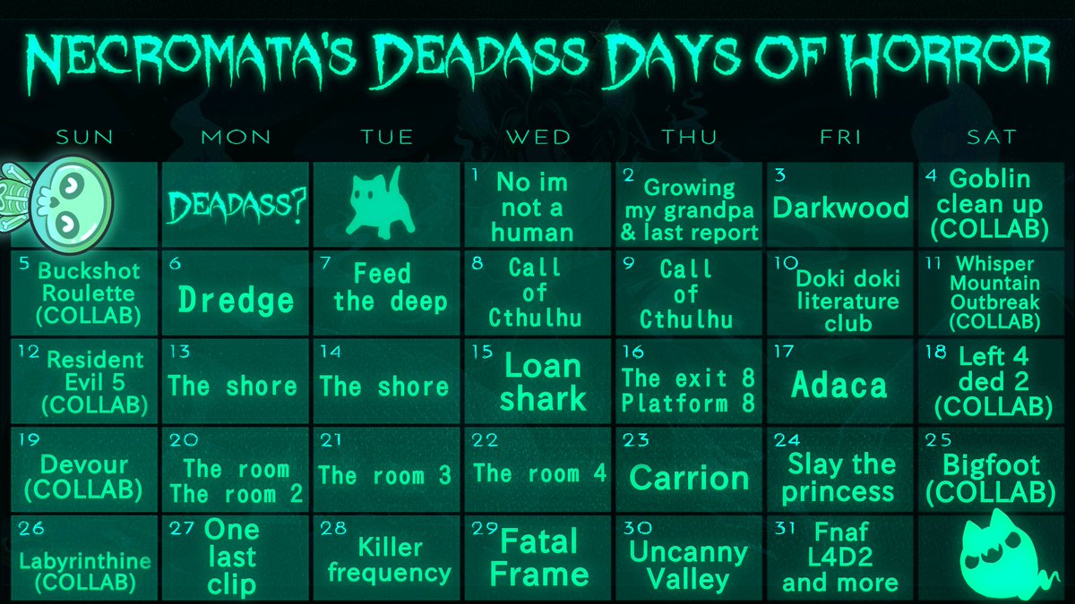 HOLY COW A MONTH LONG SCHEDULE?!?
All streams will be at 1pm pst 👁👁