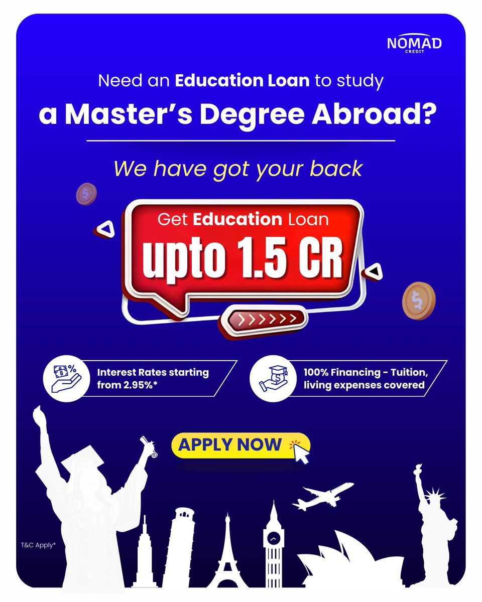 nomadcreditedu's tweet image. 🌍Planning to study masters abroad? Here's what we've got for you.
✔️Upto 1.5 Cr Education Loan
✔️ROI starting @ 2.95%*
✔️Free Counselling
🎓Studying abroad can open doors to endless opportunities.
Apply Now : bit.ly/45e4mKF

#StudyAbroad #MastersAbroad #StudyOverseas