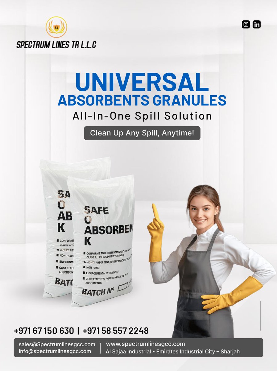 spectrum_lines_'s tweet image. 🧹✨Universal Absorbents Granules – The All-In-One Spill Solution!

 spectrumlinesgcc.com/universal-abso…

📞 Contact: +971 58 557 2248
📧 Email: info@spectrumlinesgcc.com
🌐 Website: spectrumlinesgcc.com

#SpillSolutions #UniversalAbsorbents #CleanUpMadeEasy