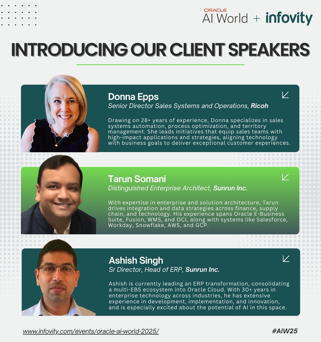 Infovity's tweet image. #OracleAIWorld2025
We’re proud to introduce our client speakers, who will lead impactful theatre and learning #sessions alongside #Infovity, showcasing real-world transformations in #ERP, #SCM &amp;amp; #CX.
infovity.com/events/oracle-…
#Infovity #client #LasVegas #Cloud #Tech #SpeakersCorner