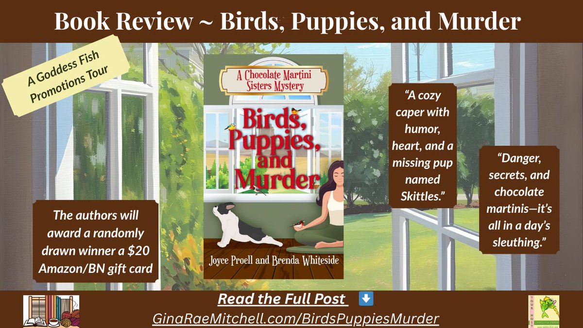 Wyatt, AZ, hasn’t been the same since the Chocolate Martini Sisters arrived. ⭐⭐⭐⭐ Cozy mystery fun with heart, quirky suspects, &amp; Gus the pup. 
Read my review &amp; enter the $20 Giveaway → ginaraemitchell.com/birds-puppies-… 
#BookReview #CozyMystery #BirdsPuppiesMurder <a href="/GoddessFish/">Goddess Fish Promos</a>