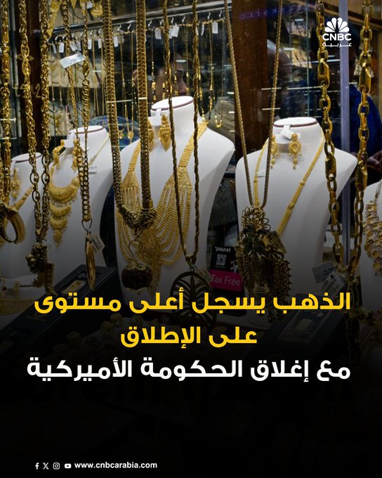 أسعار الذهب تسجل ارتفاعاً قياسياً جديداً اليوم الأربعاء، مدعومة بإقبال المستثمرين على الملاذات الآمنة بعد بدء الإغلاق الرسمي للحكومة الأميركية، إضافة إلى بيانات ضعيفة من سوق العمل عززت التوقعات بمزيد من خفض معدلات الفائدة من جانب الفدرالي: الذهب في المعاملات الفورية يرتفع بنسبة 0.1% ليصل إلى 3863.76 دولار للأونصة، بعدما لامس ذروة تاريخية عند 3875.32 دولار. المزيد 