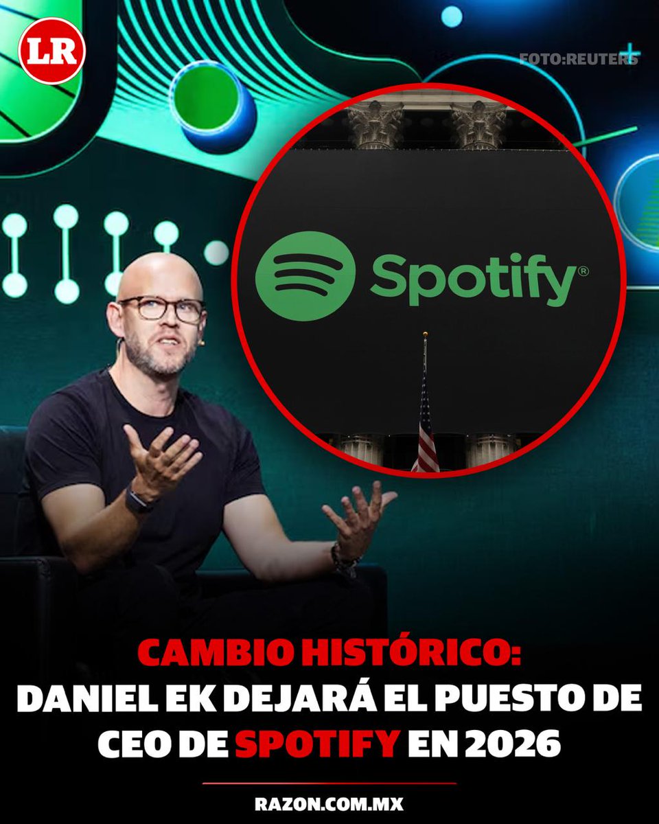LaRazon_mx's tweet photo. El cofundador de Spotify, Daniel Ek, dejará su puesto como CEO de la plataforma a partir de 2026. Ahora, asumirá un nuevo cargo, será presidente ejecutivo, por lo que en su lugar, Gustav Söderström y Alex Norström serán nombrados co-CEOs

#DanielEk #CEO #Spotify https://t.co/t4aSmGA6cm