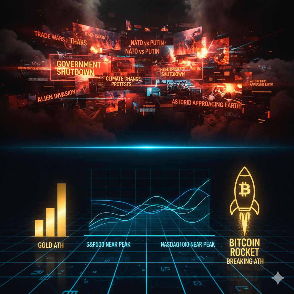 Trade wars, geopolitics, shutdowns, climate panic, even alien invasion narratives… 🌍

Yet the charts whisper another truth:

🏆 Gold in ATH
📈 S&amp;P500 + Nasdaq100 near ATH
🧡 Bitcoin next in line

Markets ignore the noise. Do you?

#Bitcoin #Markets #ATH #SP500 #NASDAQ100 #GOLD