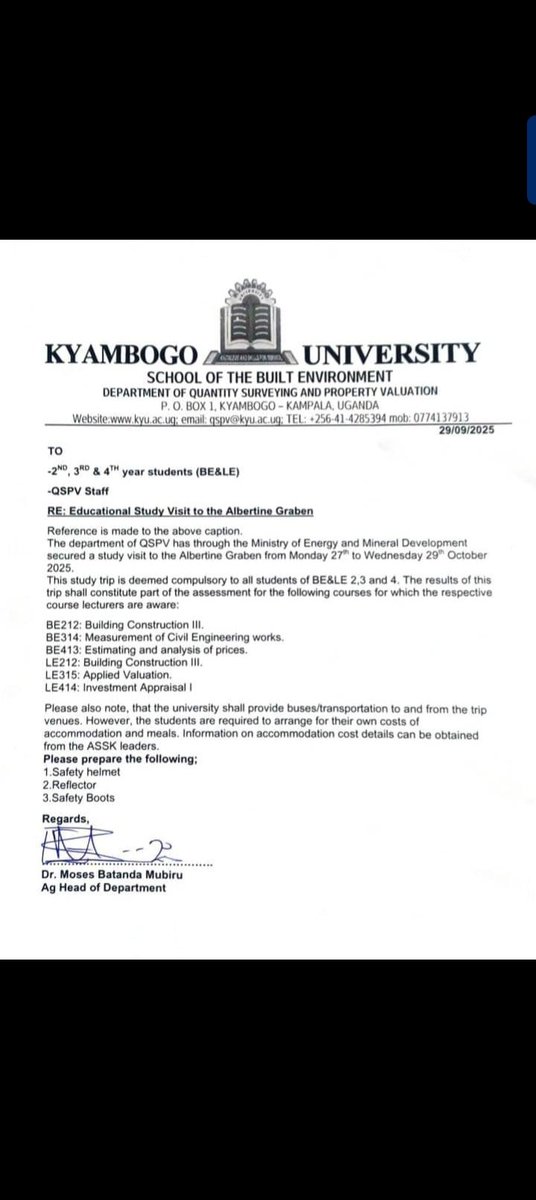 ASSK_UG's tweet photo. The department of quantity surveying and property valuation KYU has organized a study visit to the Albertine Graben scheduled from 27th to 29th October for all students from Year 2 to year 3. https://t.co/Kcrew9fWT1