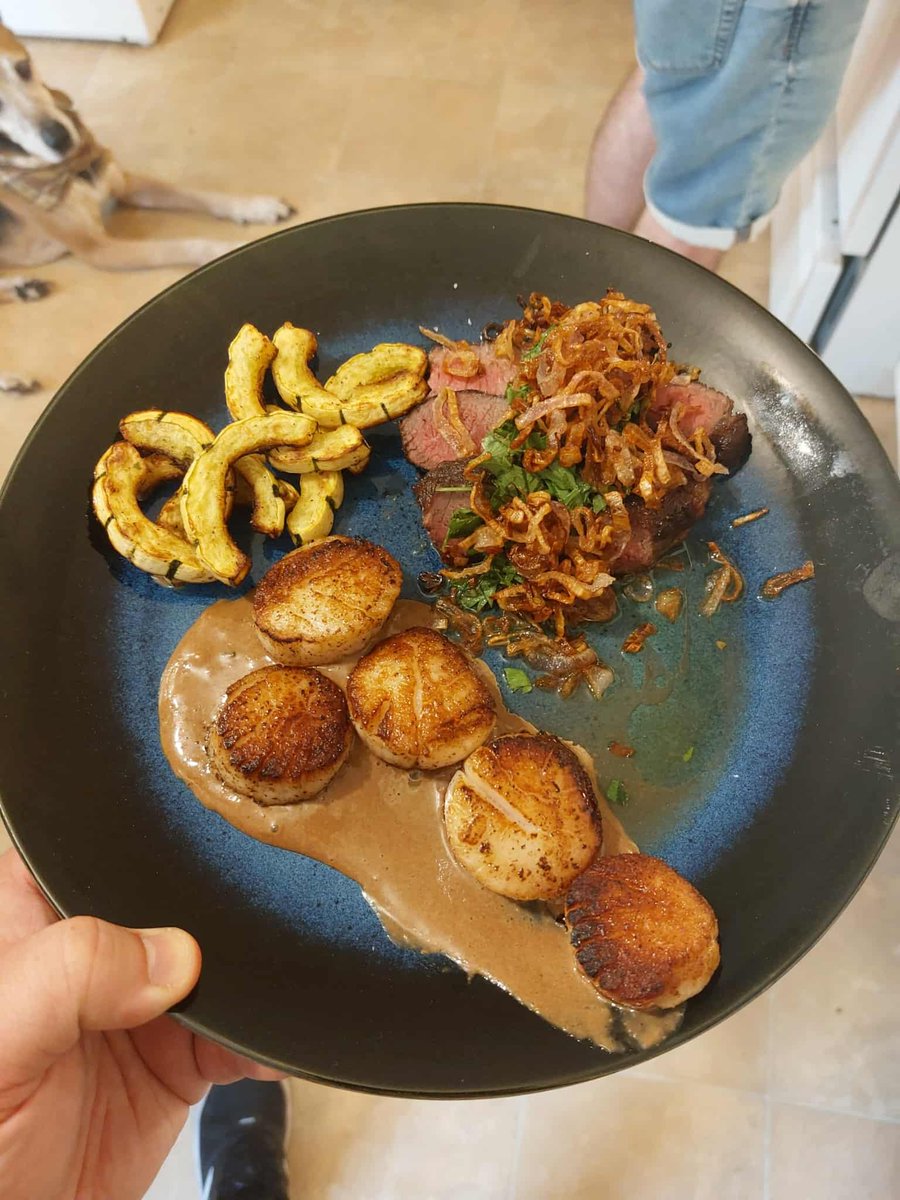 I can actually cook. 

Roasted delicata squash, scallops with a deglazed pan sauce and some flank steak with crispy shallots.