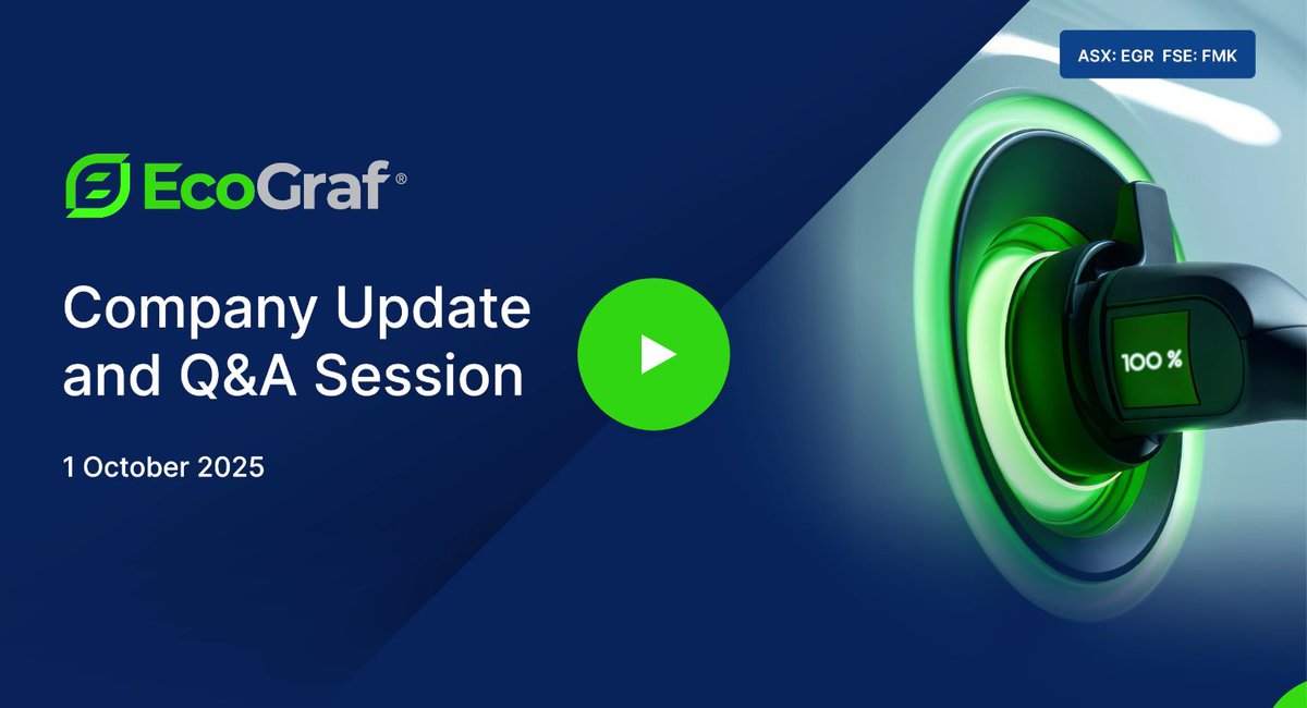 EcoGraf's tweet photo. #EcoGraf (ASX: $EGR FSE: $FMK) is pleased to share the Company Update and Q&amp;A Session for October 2025 featuring Andrew Spinks, MD, and David Drabble, Chief Geologist.

Thank you to those who contributed.

Watch video: https://t.co/OU3sbuvuew

#Graphite #BatteryMaterials https://t.co/bEr4QCerbY
