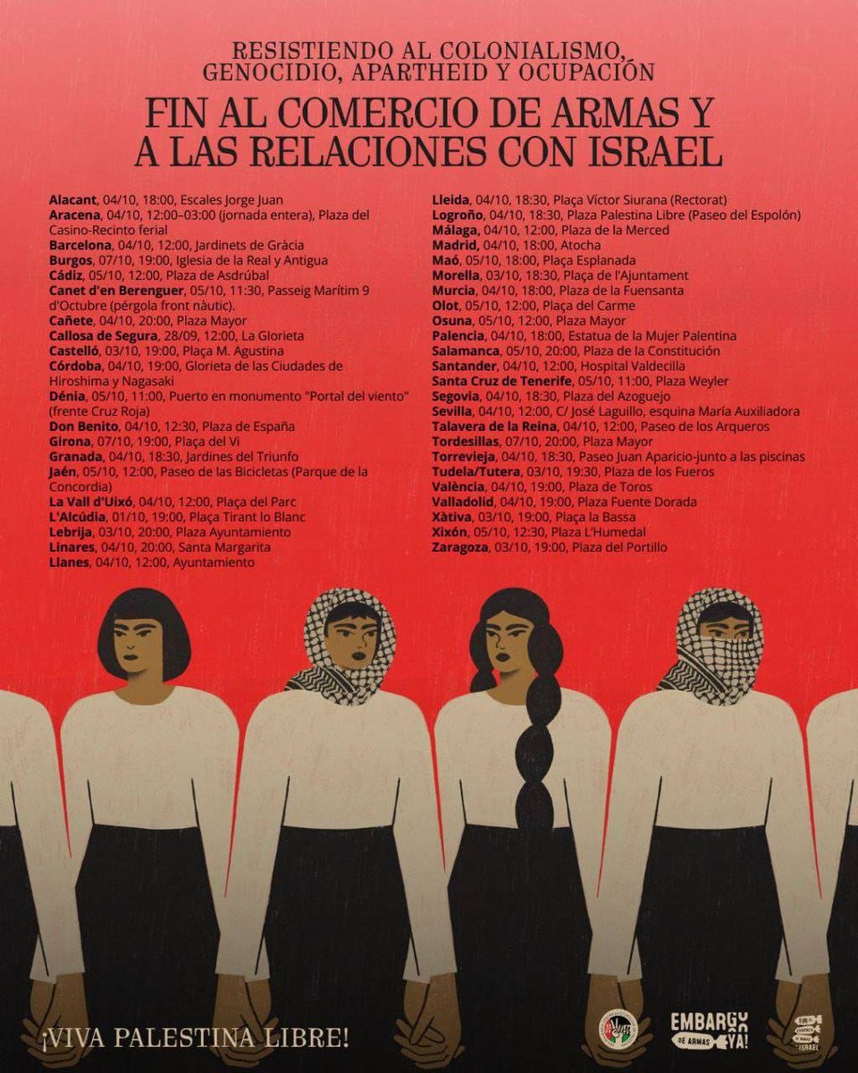 Manifestación en #Málaga el sábado 4 de octubre por #Palestina

alqudsandalucia.org/mani_malaga_sa…

#StopArmingIsrael
#ApartheidIsrael
#FreePalestine
<a href="/CoordinadoraAcP/">Andalucía con Palestina</a> 
<a href="/MalagaAcoge/">Malaga Acoge</a> 
<a href="/DiarioSUR/">SUR. El periódico de Málaga</a> 
<a href="/CSurNoticias/">CanalSurNoticias</a> 
<a href="/ElSalto_And/">El Salto Andalucía</a> 
<a href="/UNADIKUM1/">UNADIKUM</a> 
<a href="/ECSaharaui__/">ECSaharaui</a> 
@GSMFlotilla 
<a href="/rumboagaza/">Rumbo a Gaza</a> 
<a href="/InfoUMA/">Universidad de Málaga</a> 
red