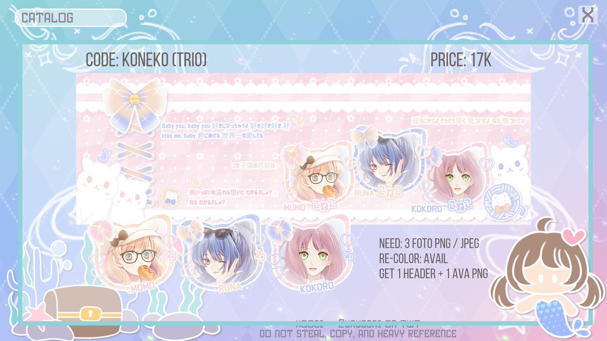 QUICK OSPEK ~ !

Hallo Hallo, kenalan sama anak baru Koogi yuuk, hasil remake catalog lama iyaaa. Jika ada kemiripan dengan BA lain bisa DM langsung yaa 😗😗

Enih ada bbrp versi iyaa, bisa buat JPEG / PNG  ~
Yg trio bisa jd sq jg max 5 chara ~

#zonauang #zonajajan sfu