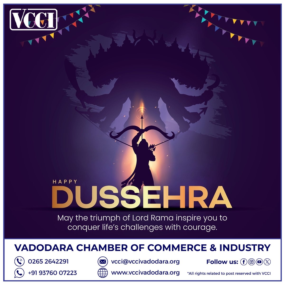 As we celebrate the ultimate victory, may the courage of Lord Rama light your path. 

VCCI wishes you all a Happy Vijayadashami! 

#VCCI #HappyDussehra #TruthPrevails #Victory #HappyDussehra2025 #Vijayadashami #Dussehra2025 #FestivalOfVictory #FestiveSeason #IndianFestivals