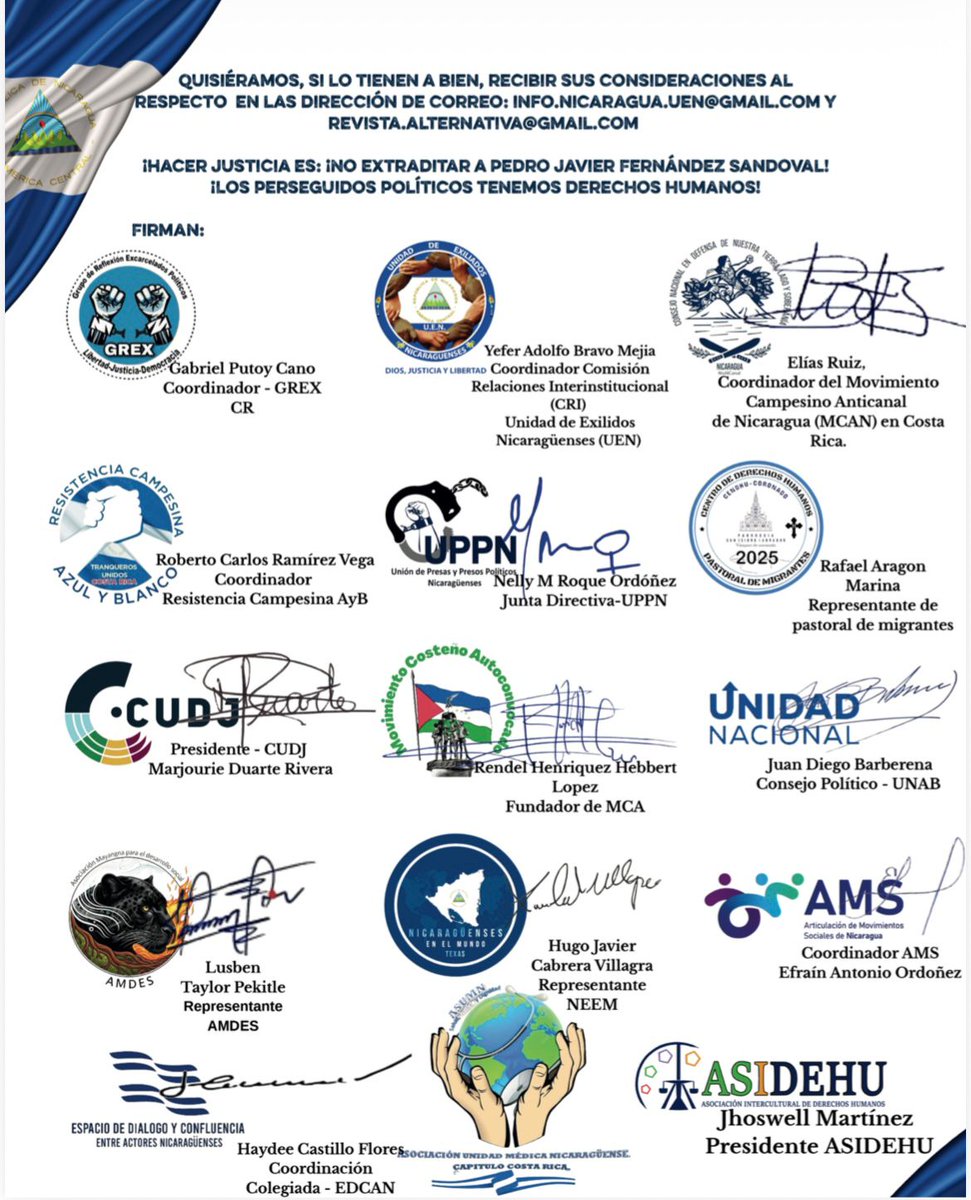 📢 Hoy entregamos ante el Tribunal de Justicia de Costa Rica una carta respaldada por organizaciones y personas exiliadas, ex presas políticas y defensoras de derechos humanos, exigiendo que no se extradite a Pedro Javier Fernández.
facebook.com/share/p/1ATkcK…