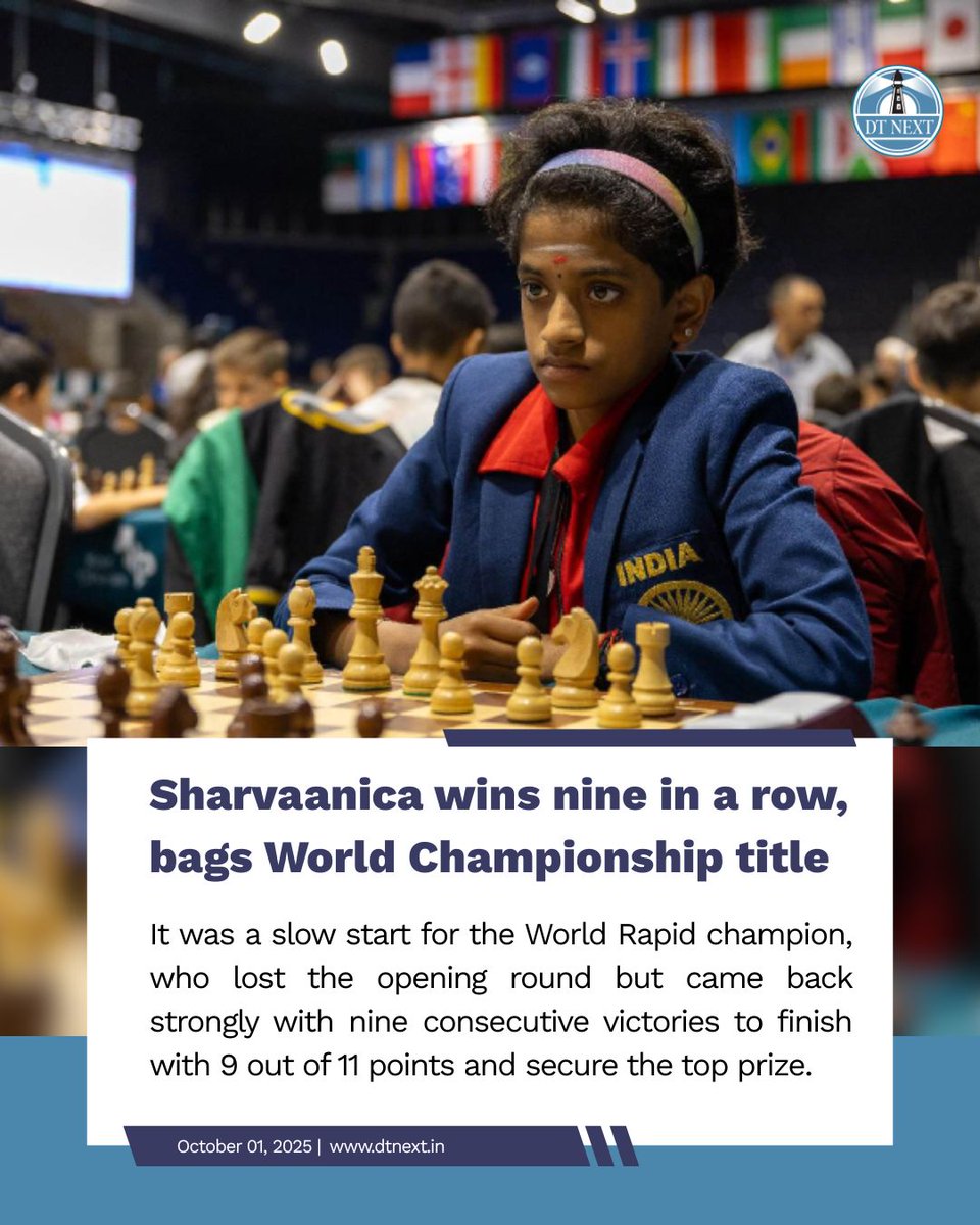 dt_next's tweet image. Sharvaanica AS won gold in the Under-10 Girls category at the 2025 #FIDE #WorldCadetChess Championship in Kazakhstan with 9/11 points, becoming the sole Indian champion among participants from over 90 countries.

🖊️ @jayantho_

dtnext.in/news/sports/sh…

#DTNext #Sports #Chess