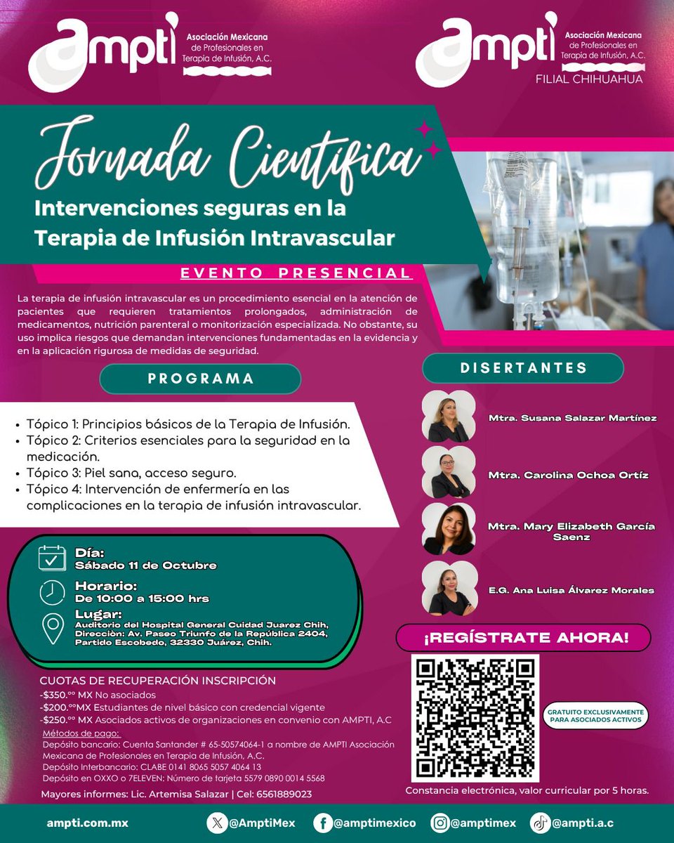 👏 La Asociación Mexicana de Profesionales en Terapia de Infusión A.C. Filial Chihuahua invita a la 2da. Jornada Científica "Intervenciones seguras en la Terapia de Infusión Intravascular" 👏 

✨ Asegura tu lugar: docs.google.com/forms/d/e/1FAI…

#AMPTI #FilialChihuahua