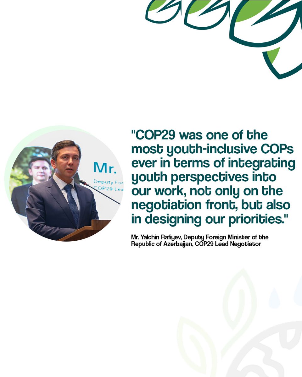 From the speech of Mr. Yalchin Rafiyev (<a href="/YalchinRafiyev/">Yalchin Rafiyev</a>), Deputy Foreign Minister of the Republic of Azerbaijan and COP29 Lead Negotiator (<a href="/COP29_AZ/">COP29 Azerbaijan</a>), addressed to the Youth-led Climate Forum taking place within the Baku Climate Action Week (<a href="/BakuClimateWeek/">Baku Climate Action Week</a>)!