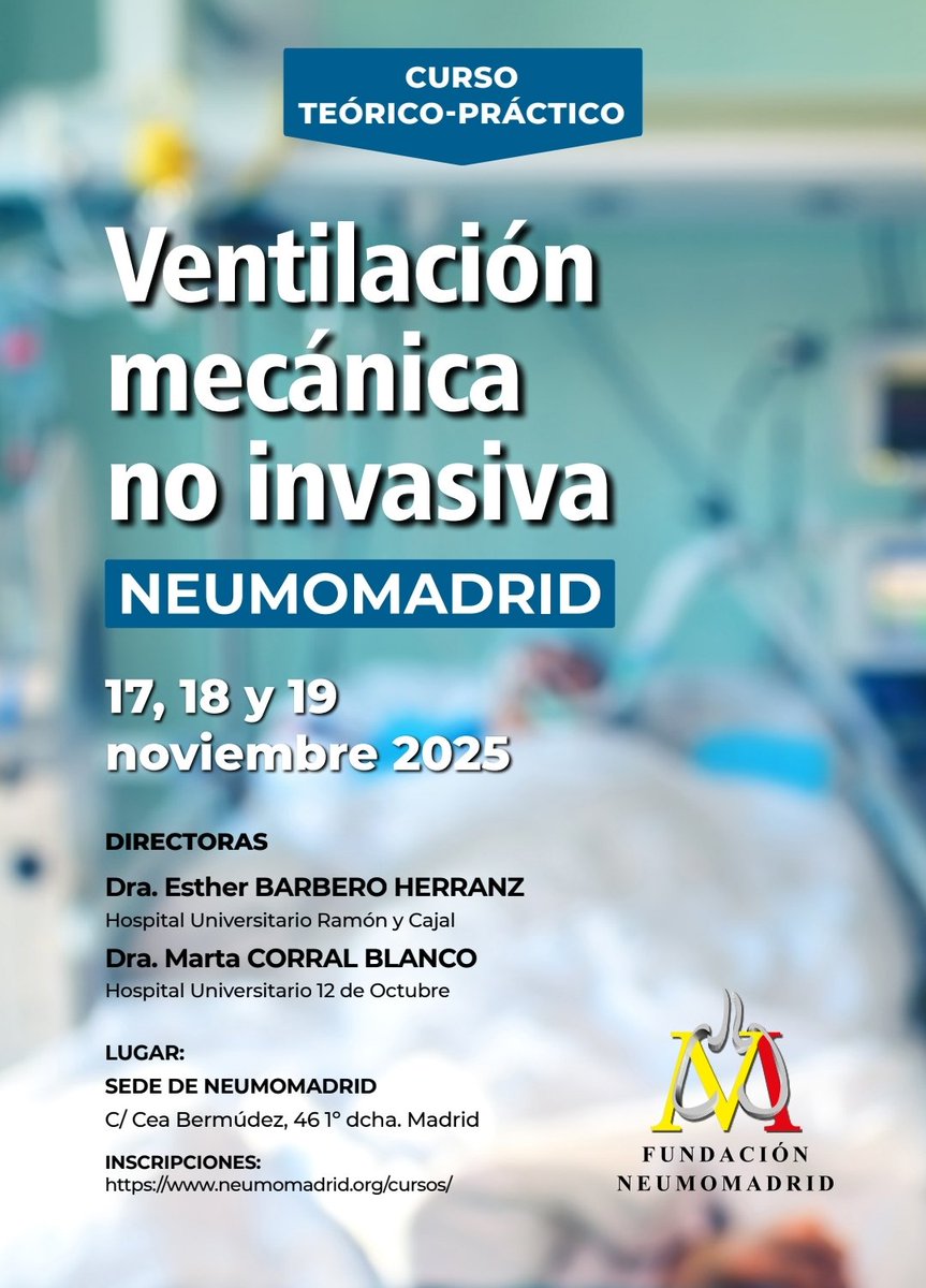 No dejes pasar la oportunidad y apúntate al curso teórico-práctico de #VMNI de <a href="/NeumoMadrid/">Neumomadrid</a>. Codirigido por nuestra coordinadora de la UCRI de Neumologia la Dra Barbero. ¡No te lo pierdas! #neumologia #VMNI #UCRI