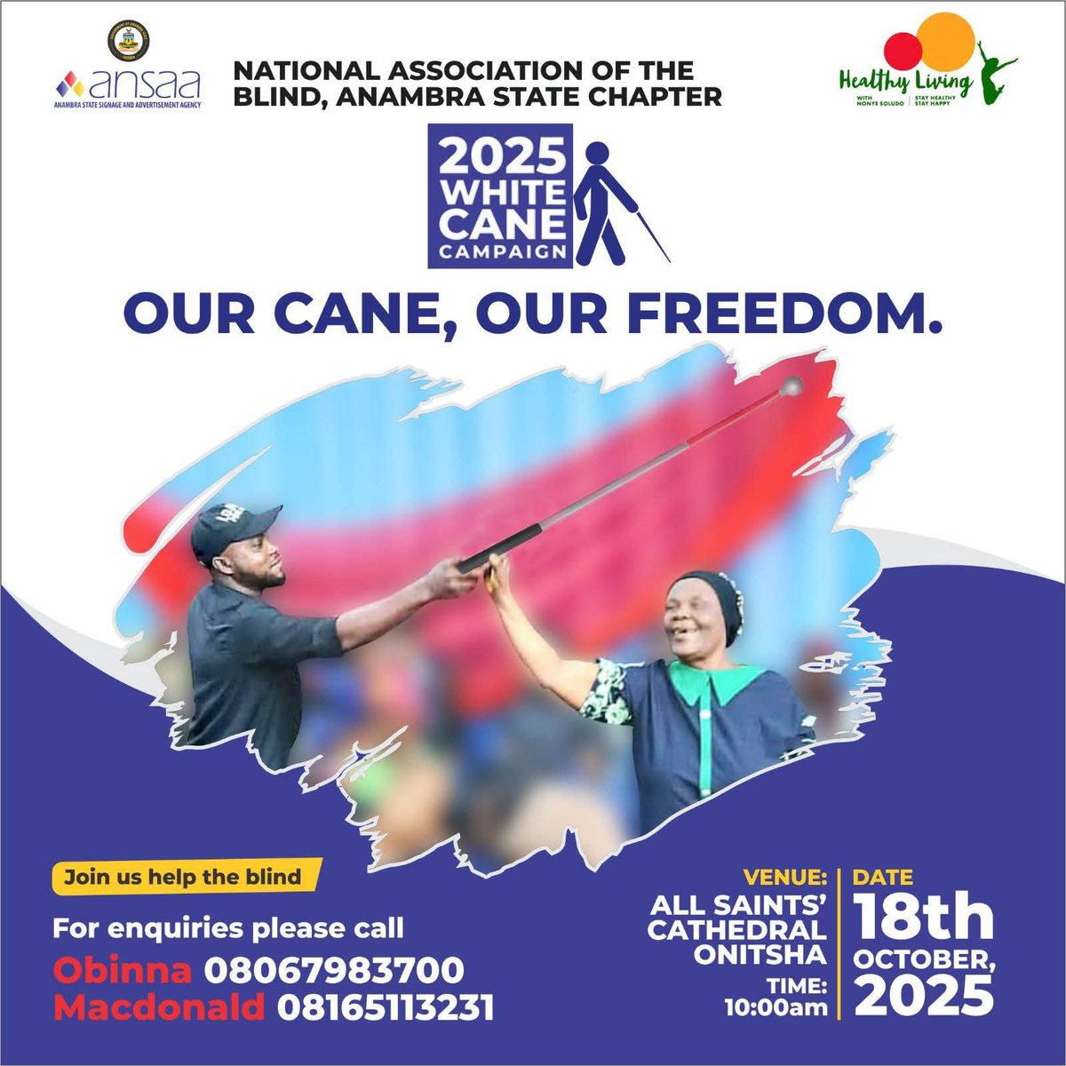 Anambra State Signage and Advertisement Agency (@ansaa_ansaa) on Twitter photo ♦️ ANSAA Presents the 3rd Edition of the White Cane Campaign in collaboration with the National Association of the Blind (Anambra State Chapter), <a href="/HLNonyeSoludo/">Healthy Living with Nonye Soludo</a> <a href="/NonyeSoludo/">Nonye soludo</a>, and Out-of-Home Advertising Practitioners across Anambra State. ♦️ ANSAA Presents the 3rd Edition of the White Cane Campaign in collaboration with the National Association of the Blind (Anambra State Chapter), <a href="/HLNonyeSoludo/">Healthy Living with Nonye Soludo</a> <a href="/NonyeSoludo/">Nonye soludo</a>, and Out-of-Home Advertising Practitioners across Anambra State.