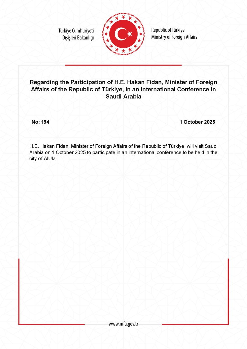Regarding the Participation of H.E. Hakan Fidan, Minister of Foreign Affairs of the Republic of Türkiye, in an International Conference in Saudi Arabia mfa.gov.tr/no_-194_-sayin…