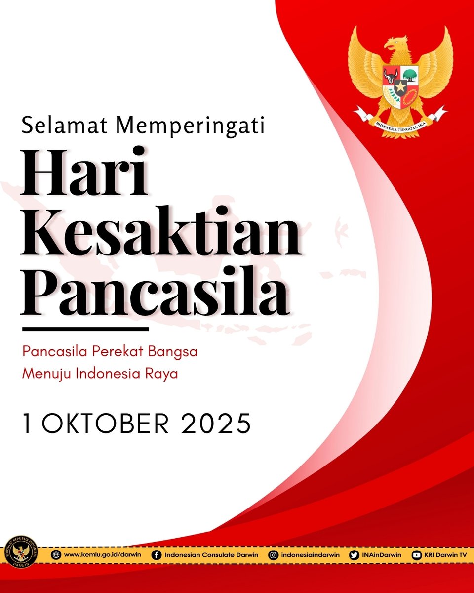 Selamat memperingati Hari Kesaktian Pancasila.

Mari kita jadikan momentum ini untuk terus menjaga dan mengamalkan nilai-nilai Pancasila sebagai perekat bangsa dalam mewujudkan Indonesia Raya

#HariKesaktianPancasila
#IndonesiainDarwin
#IniDiplomasi
#IndonesiaUntukDunia