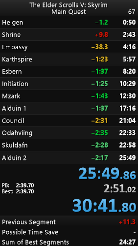 After 7 years and 2 months, I have finally gotten a new PB in Skyrim Main Quest practicing for Twitchcon!

Next is sub 25!