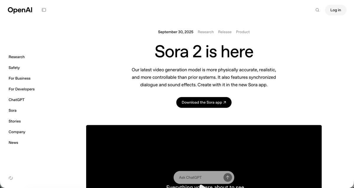 ¡NOVEDAD!
OpenAI anuncia Sora 2, que permite crear video más preciso, realista y controlable; además, incluye diálogos y efectos de sonido sincronizados.
También anuncia una app para Sora, aunque de momento no está disponible en España.
#inteligenciaartificial #ai #ia #chatgpt