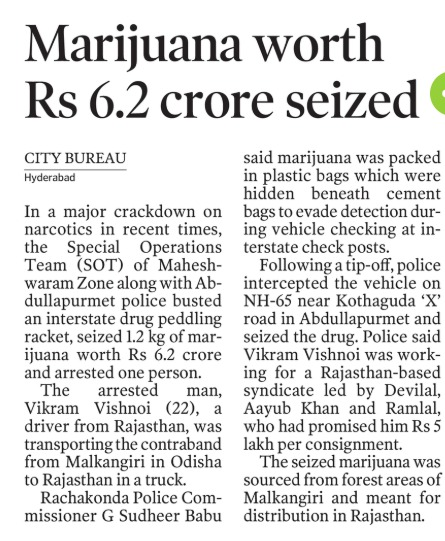 MalkajgiriCop's tweet photo. Interstate #DrugPeddling racket busted by #SpecialOperationsTeam, Maheshwaram Zone, along with @AbdullapurmetPS Police for transporting #Ganja.  (01) held and #seized Contraband Ganja weighing 1210 kgs, Worth Rs. 6,25,00,000. 

@DCPLBNagar @DcpMalkajgiri @DcpBhongir @DCPMaheshwaram