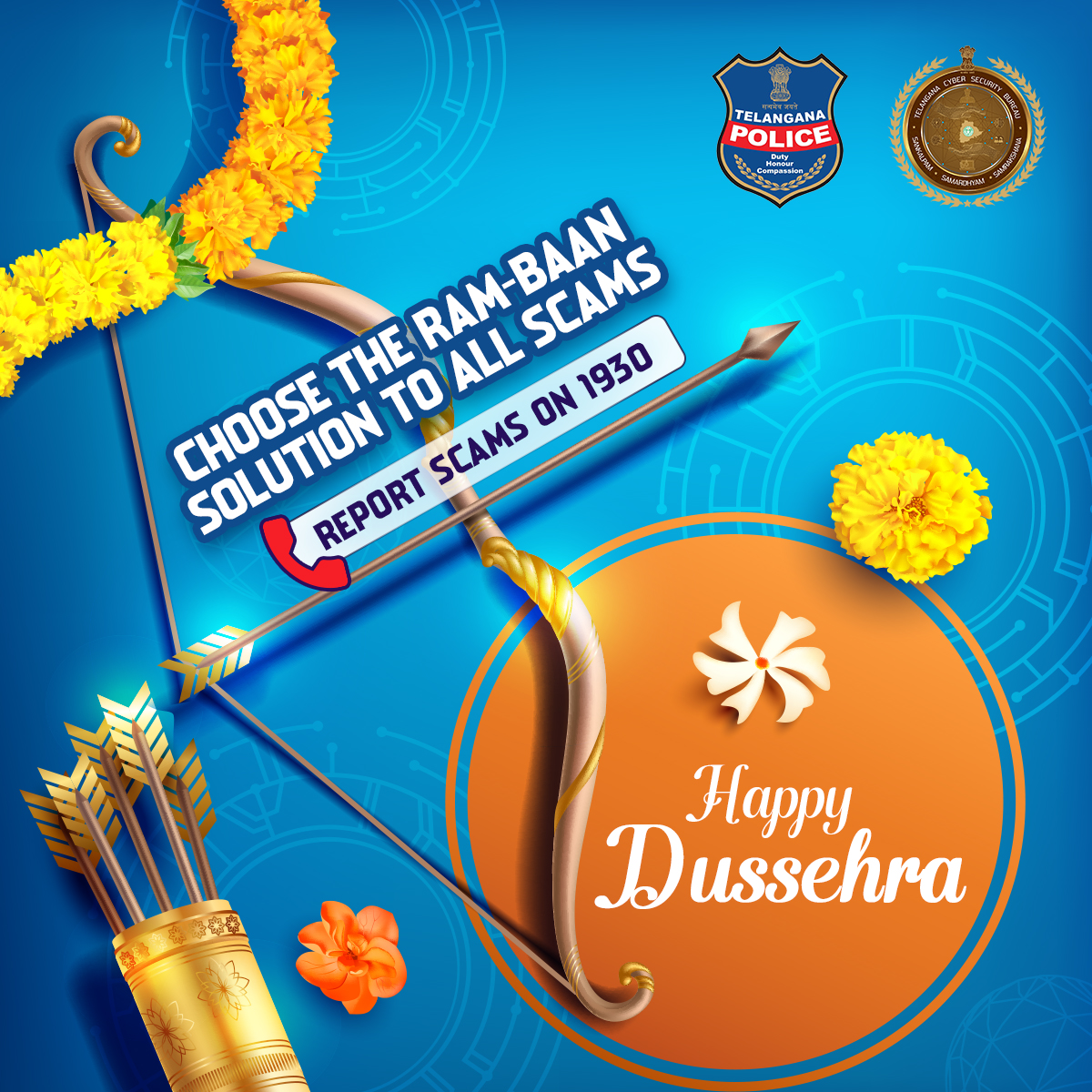 Always trust the strength of good over evil, awareness over scams. Report to 1930 and fight the battle against cybercrime.

#TGCSB #HappyDussehra #CyberSafety #InvestInSafety #Dial1930