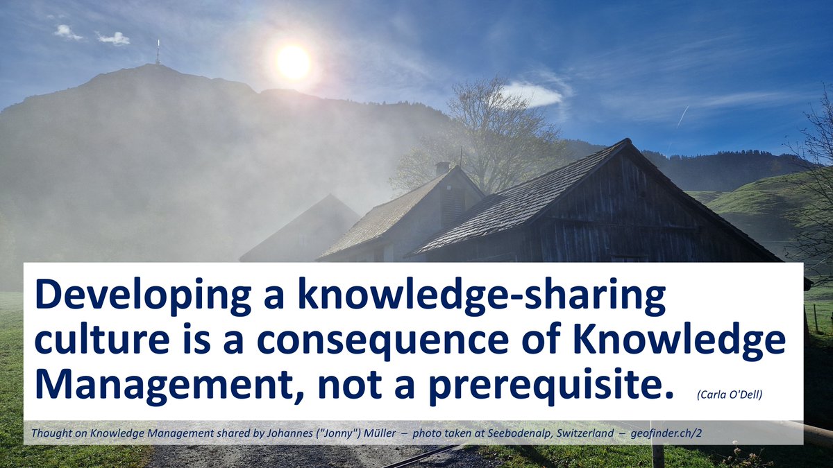JonnyMueller's tweet photo. Thought on #KnowledgeManagement # 141:

💡💡 Developing a knowledge-sharing culture is a consequence of Knowledge Management, not a prerequisite. 💡💡
(@odell_carla)

▶️ Share your feedback: https://t.co/5bZ63dIcbt
▶️ More thoughts: https://t.co/UJj1ty5ML8 https://t.co/XtRQdPTeph