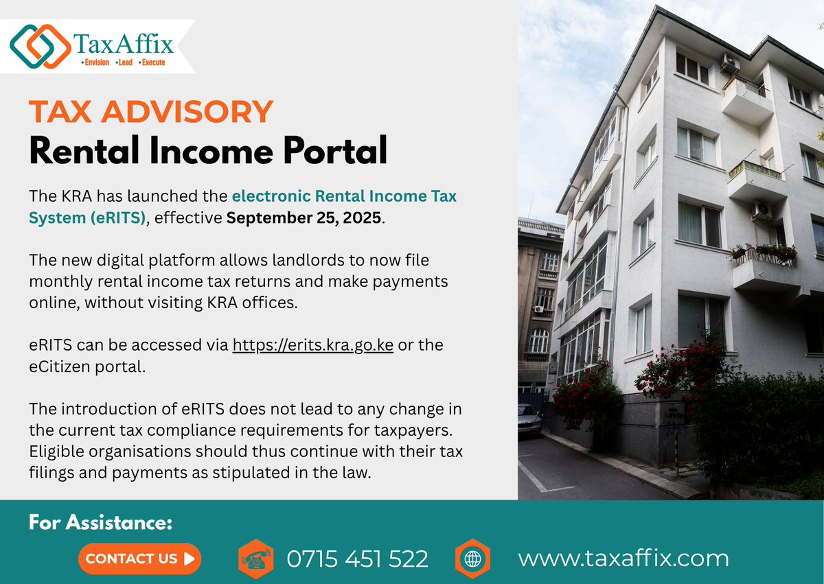 taxaffix's tweet photo. The KRA has rolled out the electronic Rental Income Tax System (eRITS), a new digital portal where you can declare monthly rental income, file returns, and make payments online.

Contact us today for assistance in navigating eRITS and staying compliant with the new requirements. https://t.co/ONbckHLjeU