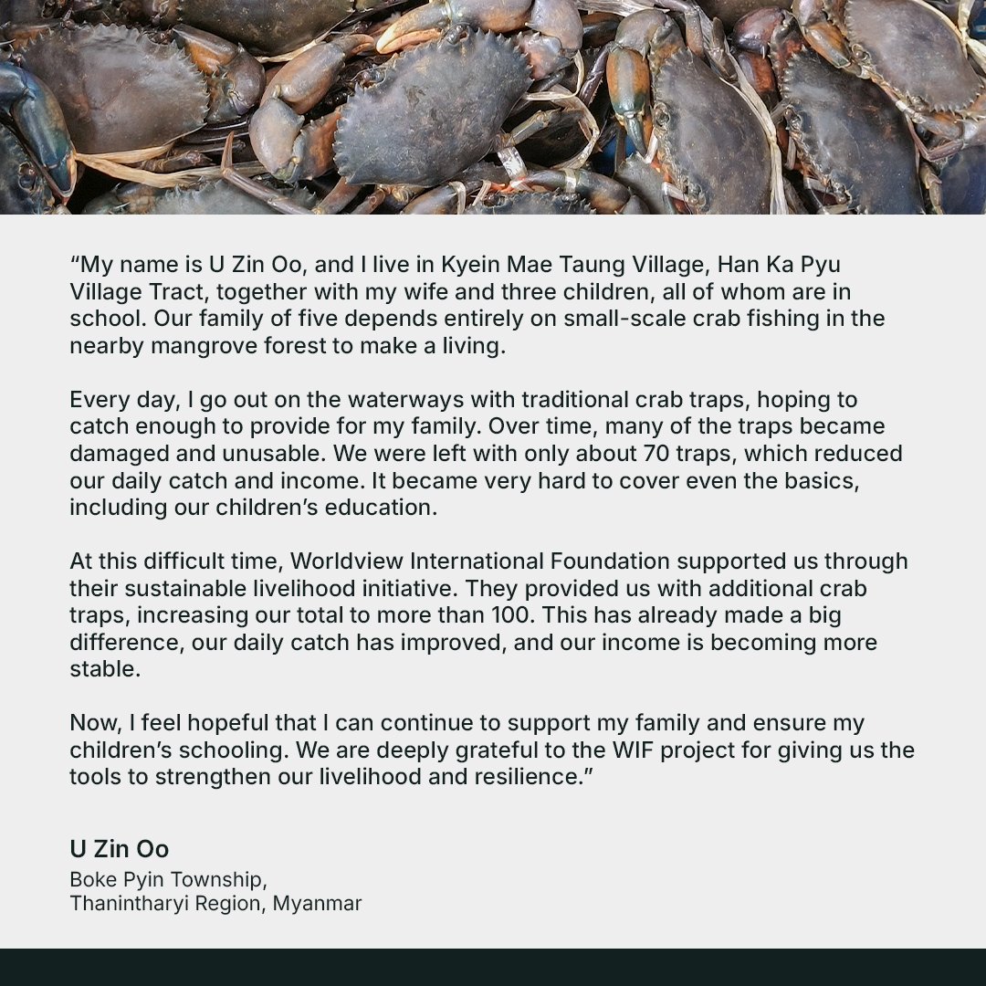 Stories from the field 🌱

Strengthening resilience through sustainable livelihoods

Learn more: wif.foundation

#Mangroves #BlueCarbon #Community #Myanmar #WorldviewInternationalFoundation