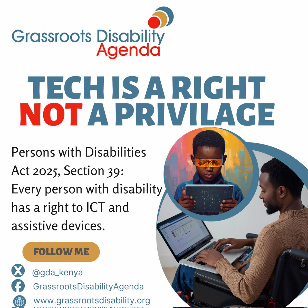 gda_kenya's tweet photo. Digital access is now a legal right in Kenya. From talking software to Braille materials, hearing aids, and accessible websites inclusion is the law.
The CHRPD ensures compliance.
#TechForDisabilityRights https://t.co/wBx6Ve7nAa