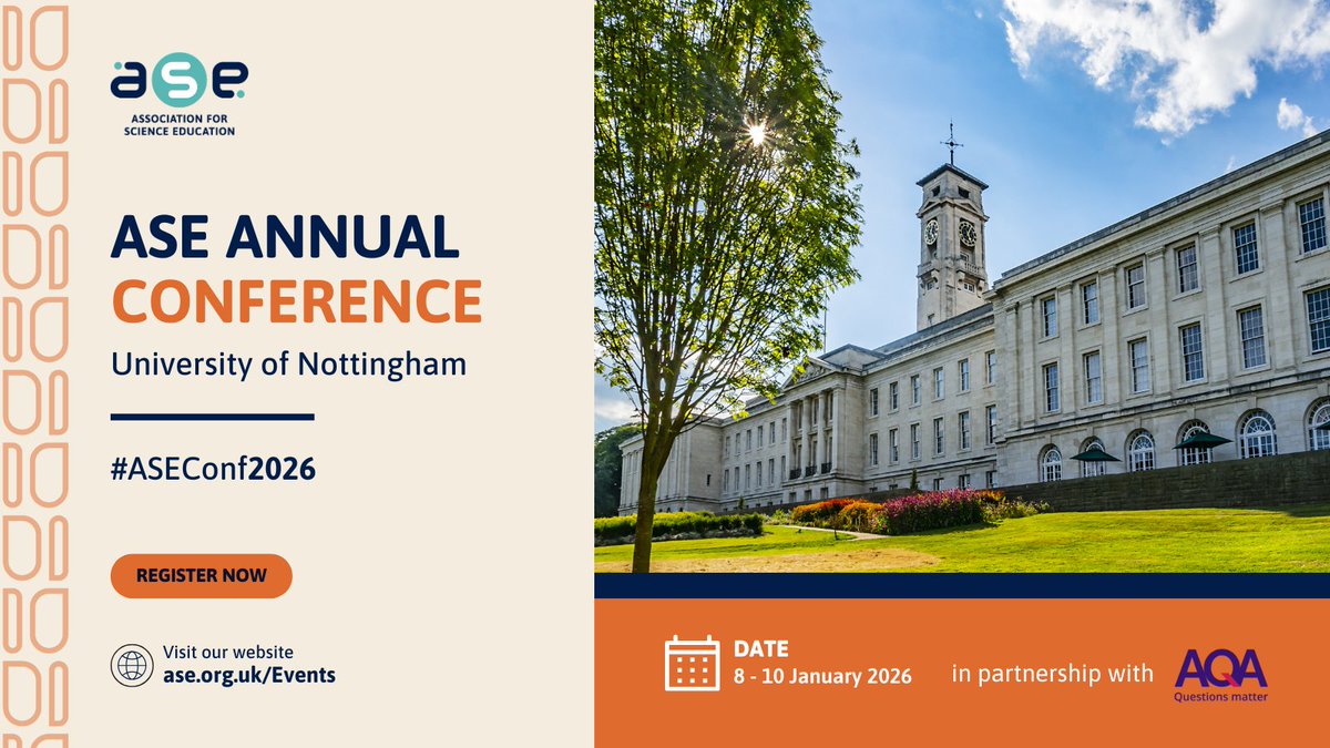 🎉 3 days, 220+ sessions &amp; the UK’s biggest science education gathering!

The ASE Annual Conference 2026, in partnership with AQA, is back 🙌
📅 8–10 Jan | Nottingham

🚨 Early bird member discount until 2 Nov 2025
👉 ow.ly/U6TL50X4cm9

#ASEConf2026 #ScienceEducation