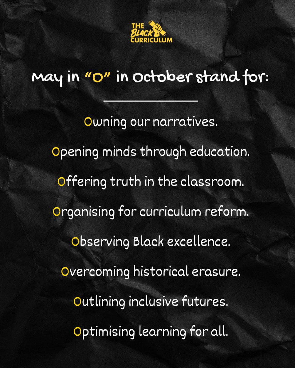 CurriculumBlack's tweet photo. Happy New Month! 🤩 As we step into October, we’re choosing to Own our narratives, Open minds, and Organize for change. 🫡
#HappyNewMonth #TheBlackCurriculum #TBC365 #CurriculumChange #OctoberAffirmations https://t.co/KLxtJlS3up
