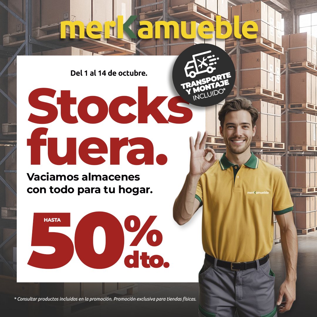 📦 ¡STOCK FUERA DE MERKAMUEBLE! 🛋️✨
Descuentos de hasta el 50% en muebles, sofás, dormitorios, colchones ¡y mucho más! 🏡💥
✅ Hasta 50% de descuento
 🚚 Transporte y montaje incluidos
📍Encuentra tu tienda Merkamueble más cercana en: merkamueble.com/tiendas