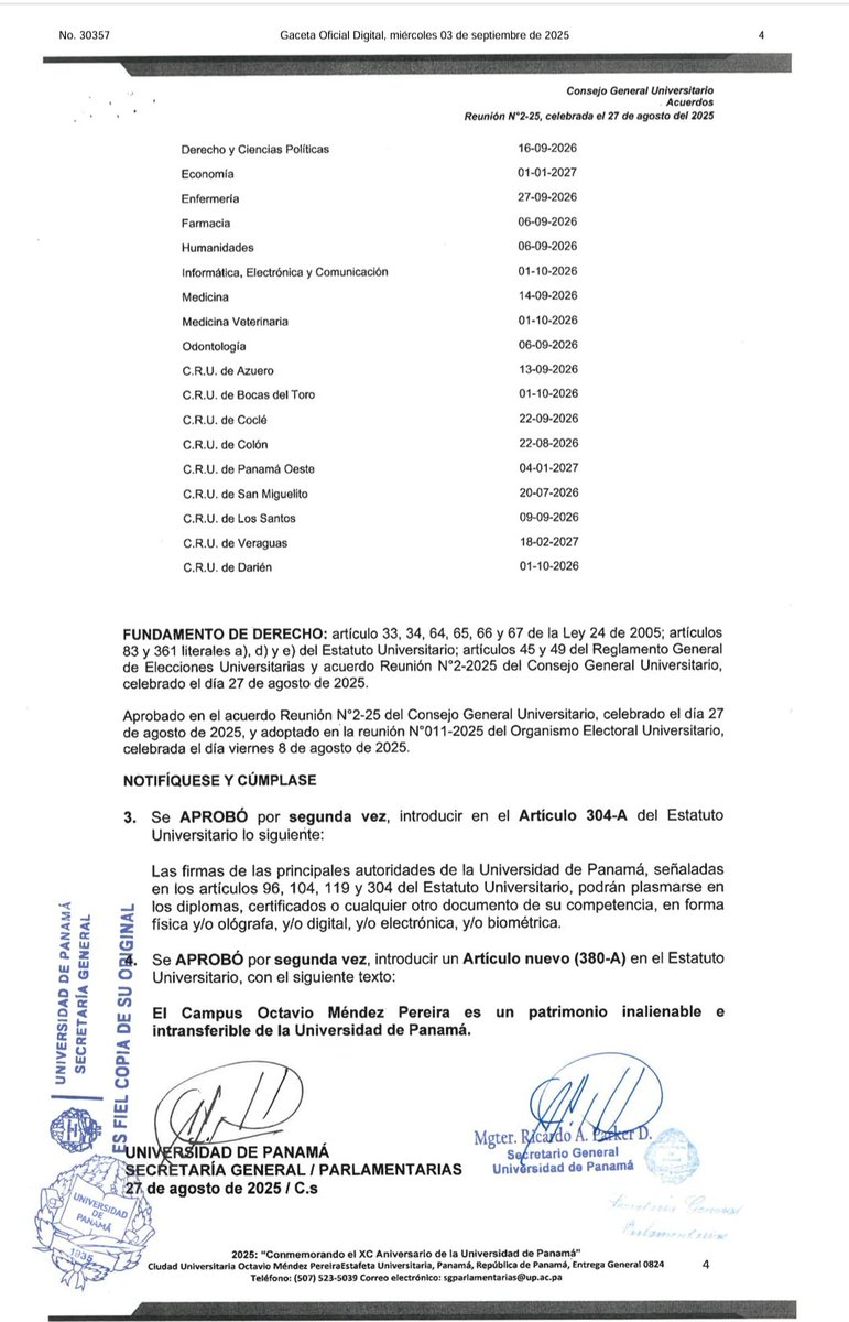 En cumplimiento de la Ley 24 de 2005, el CGU aprobó la convocatoria a elecciones para las nuevas autoridades universitarias: Rector, Decanos y Directores de los Centros Regionales.
Reitero mi decisión de no presentar mi postulacion para un nuevo período en el cargo de Rector.