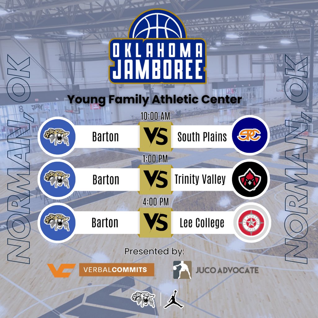 Barton Men’s Basketball hits the court to open the 2025 Jamboree schedule this Friday in Norman, OK!
Matchups at the Oklahoma Jamboree:
🔹 10:00 AM – South Plains
🔹 1:00 PM – Trinity Valley
🔹 4:00 PM – Lee College

Let’s Work! #RollCougs