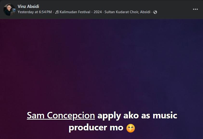 <a href="/sam_concepcion/">Sam Concepcion</a> posted by Mr. Vinz Absidi, a producer &amp; composer who recently worked with <a href="/sam_concepcion/">Sam Concepcion</a> for Kalimudan Festival 2025 Official Soundtrack :) 

this just means he wants to work with our samuel again 🥺