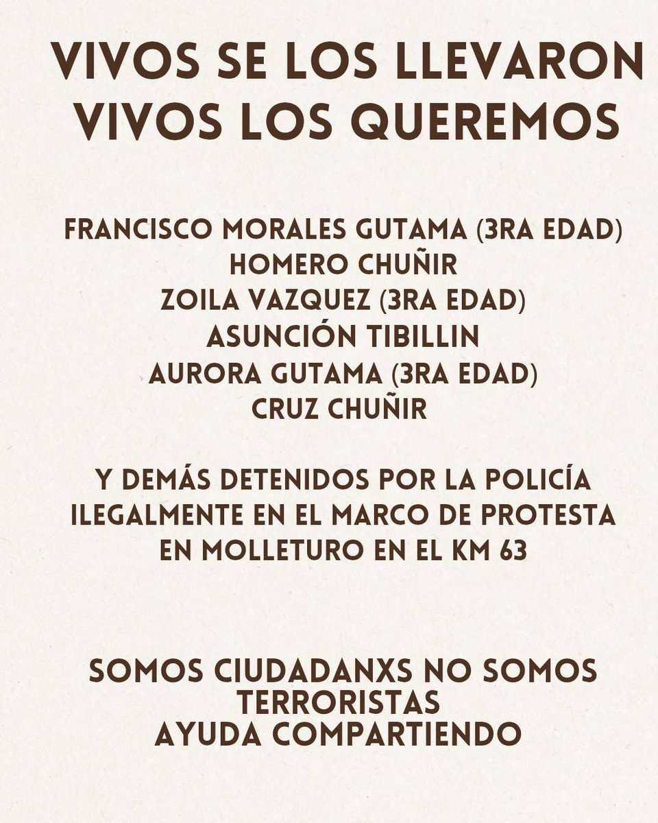 🔴 #URGENTE‼️Ayer en Molleturo en el km 63, detuvieron a adultos mayores y a mujeres por protestar, ya saldrán a decir que son terroristas! 
¡La represión no cesa!
#ParoNacionalEcuador 
#ParoNacionalEC