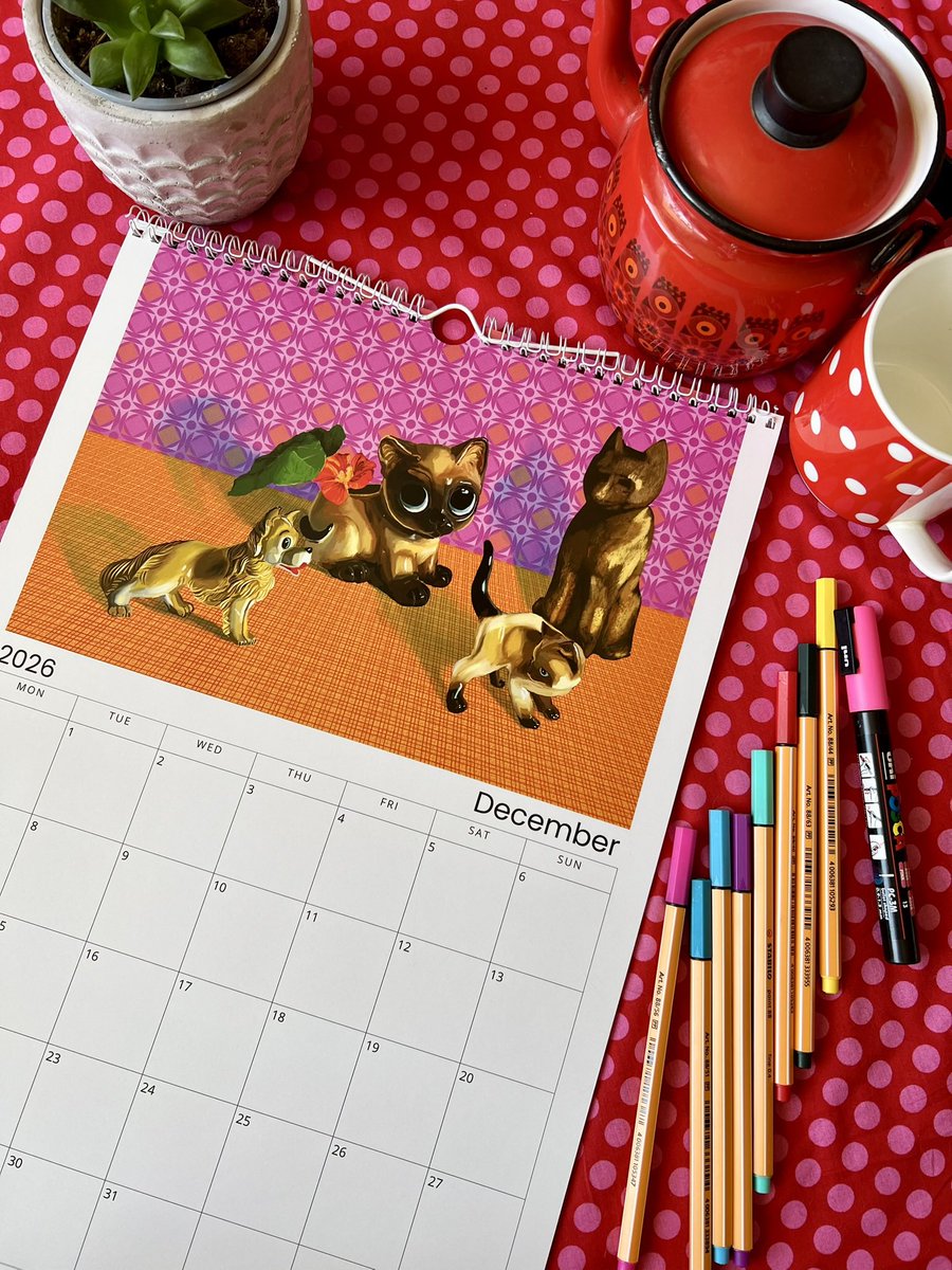 chinkywooster's tweet photo. In case anyone here is looking for a bright and bizarre calendar for 2026, I’ve made one! 
It’s based on my friend Mandy’s house - she owns weird stuff. 😻🪆🐛
It’s on my website for Aussies and on Etsy for the rest of the world 💖 
https://t.co/pRv8qmiTnw
Etsy:LucindaCrimsonArt https://t.co/9uXGPTHb9c