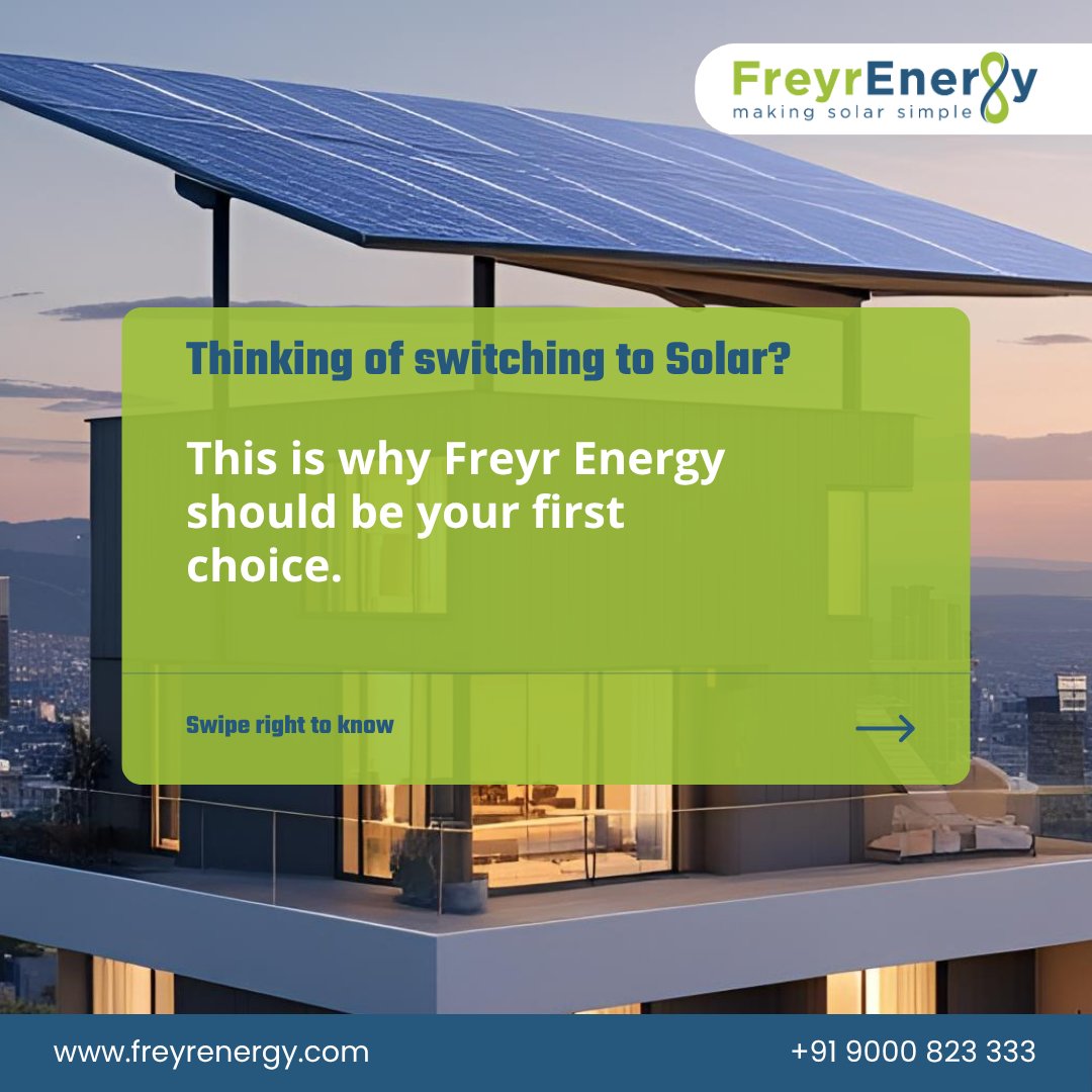 FreyrEnergy's tweet image. Thinking of switching to solar? Here’s why Freyr Energy should be your first choice.
Swipe through to see how we make solar simple for you!
Call us: +91 9000 828 333
Visit: freyrenergy.com
#FreyrEnergy #MakingSolarSimple #GoSolar #SmartSavings #CleanEnergy
